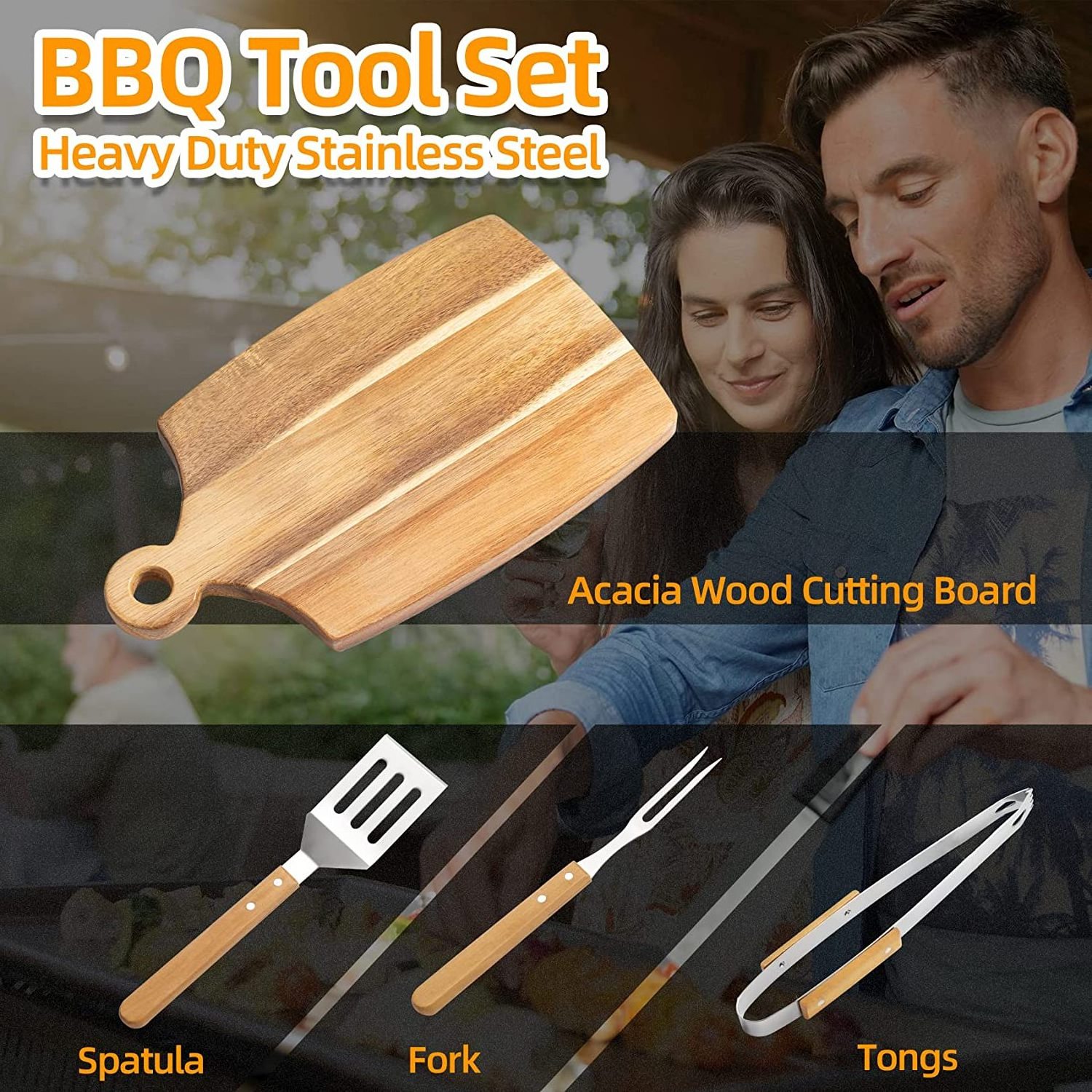 Deluxe BBQ Tool Grill Accessories Set 4PCS Grilling Kit Barbeque Tools with Wood Chopping Board