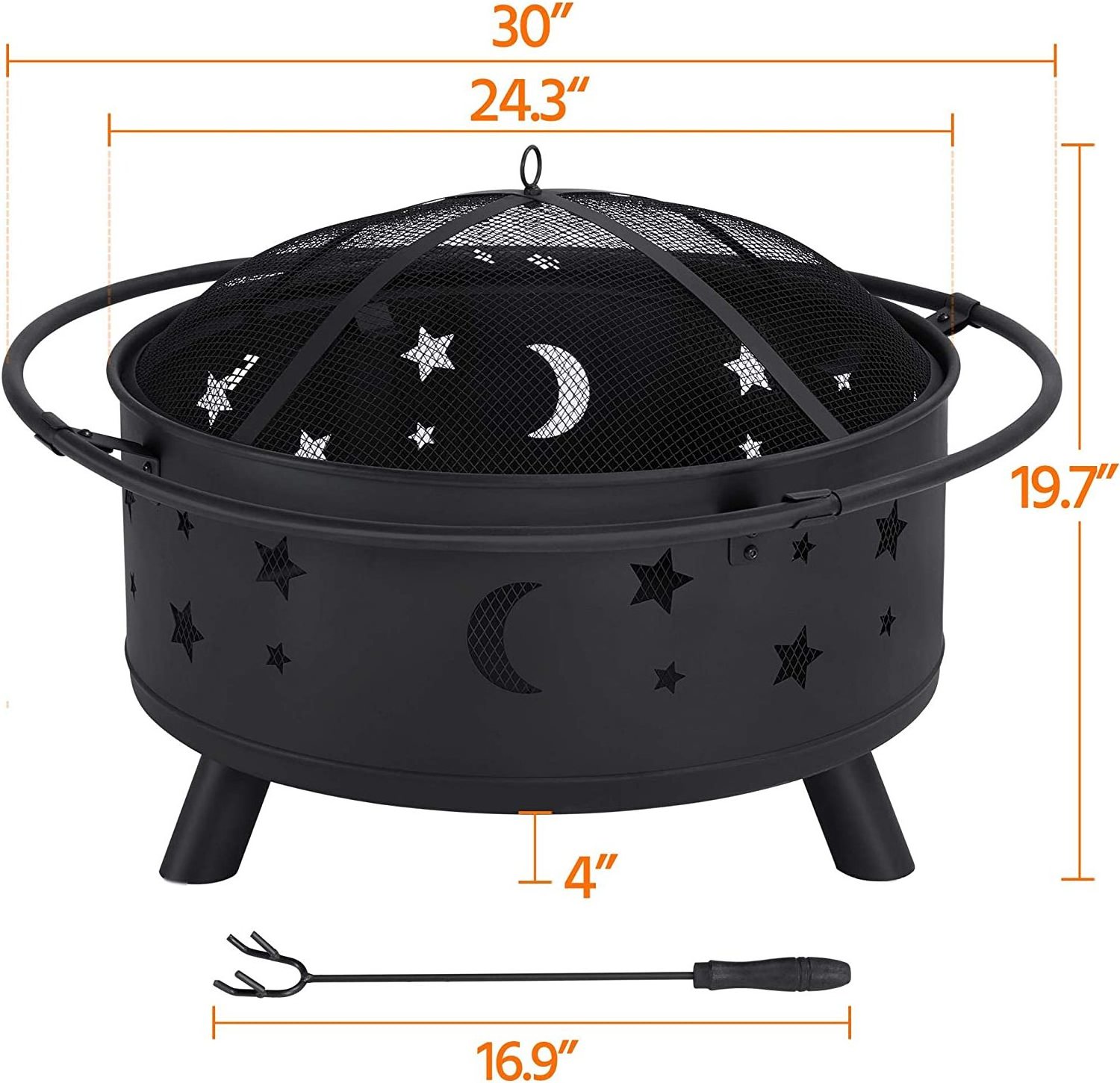 Landmann bonfire pit bowl Big Sky Stars and Moons 30in Metal fire pit with Spark Screen and Poker