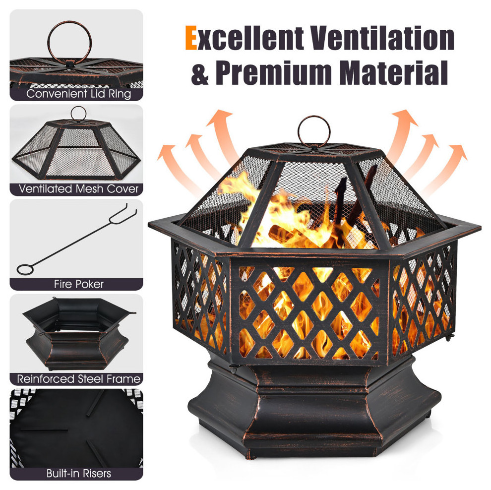 Wood burning Hexagonal fire pit Portable fireplace garden stove brazier