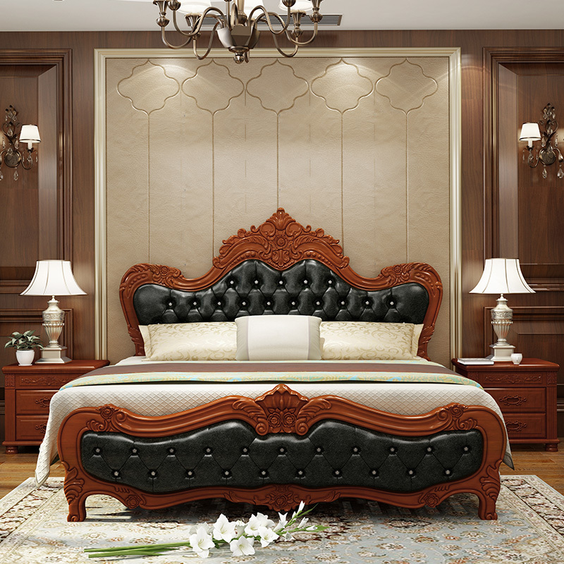 Master bedroom European style 1.8m double bed solid wood luxury carved soft bed solid wood bed frame