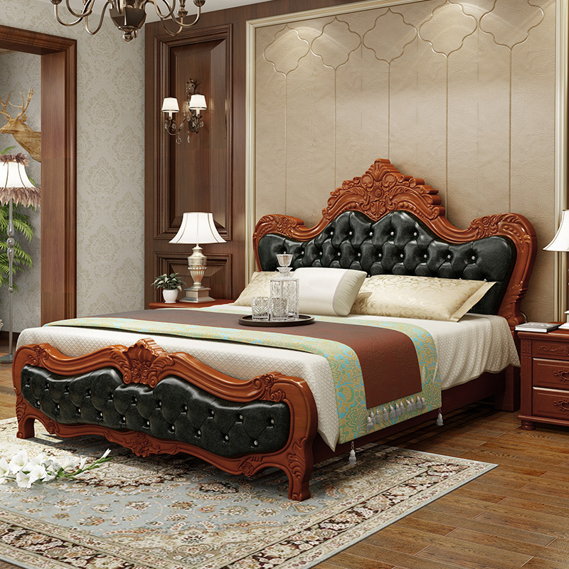 Master bedroom European style 1.8m double bed solid wood luxury carved soft bed solid wood bed frame