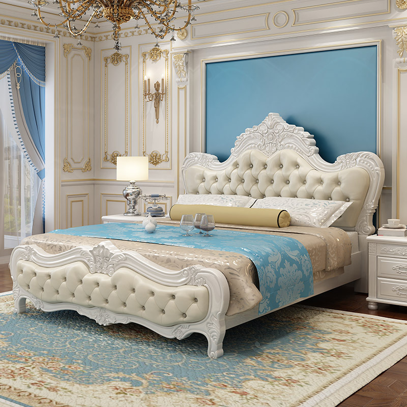 Master bedroom European style 1.8m double bed solid wood luxury carved soft bed solid wood bed frame