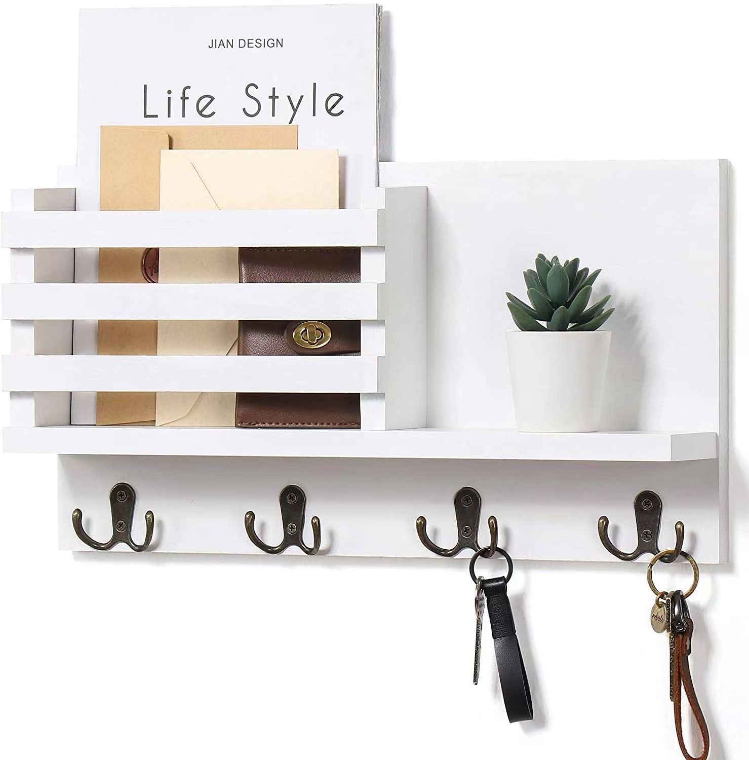 Ready to Ship Wall Mounted Rack Mail Holder Bamboo Storage Organizer with Key Hooks Wooden Coat Rack Shelf Wall-Mounted