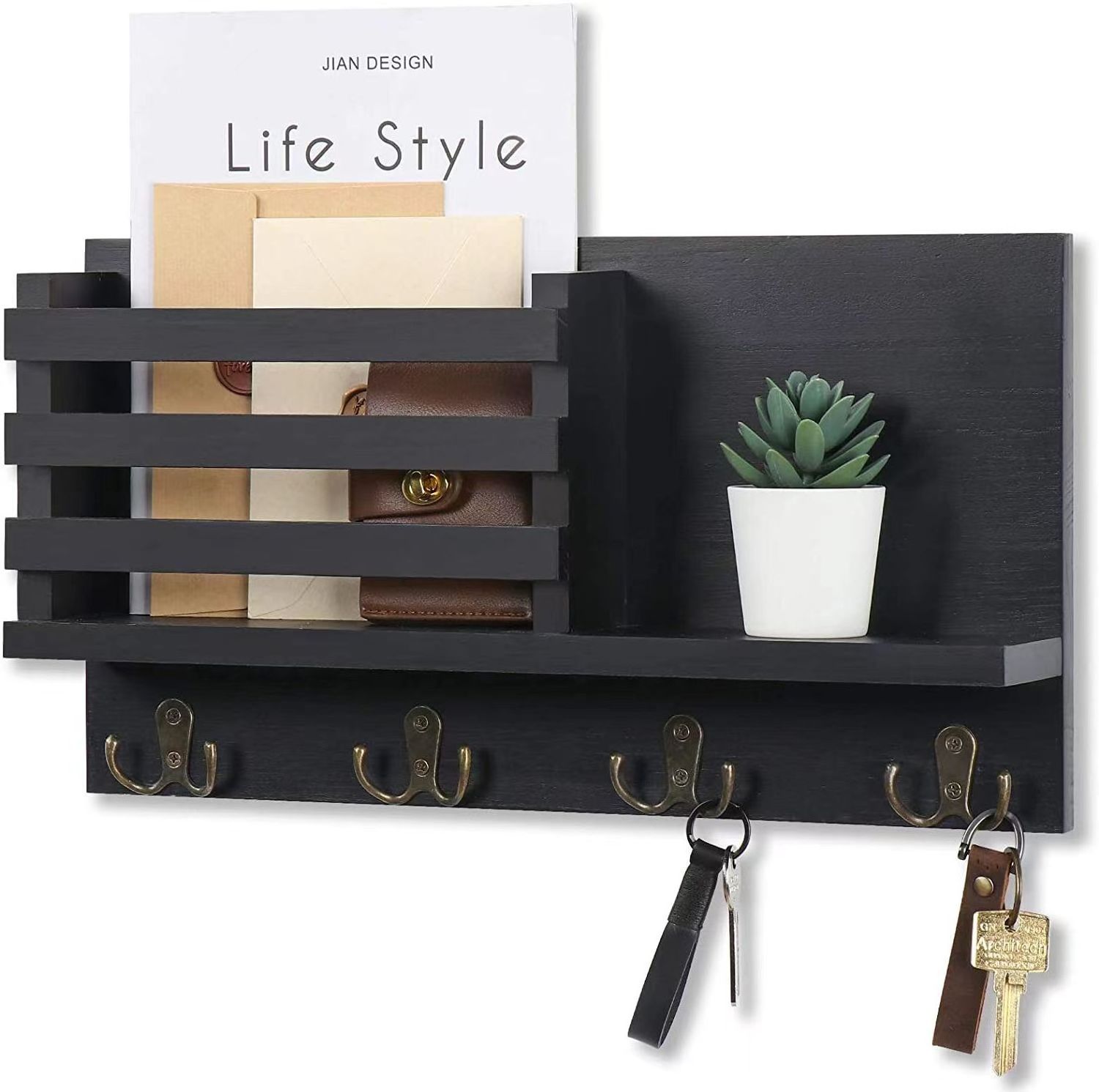 Ready to Ship Wall Mounted Rack Mail Holder Bamboo Storage Organizer with Key Hooks Wooden Coat Rack Shelf Wall-Mounted