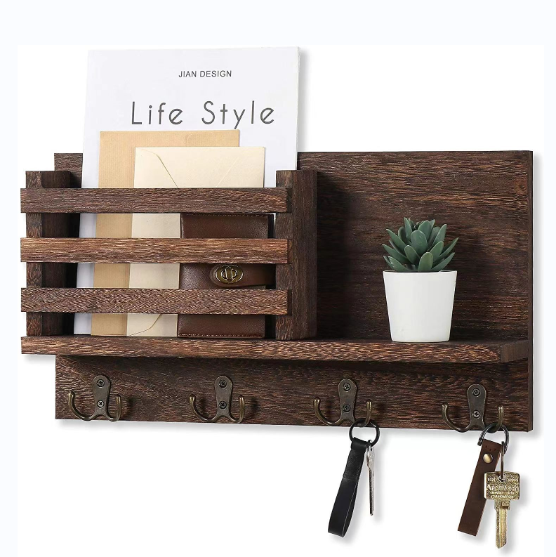 Ready to Ship Wall Mounted Rack Mail Holder Bamboo Storage Organizer with Key Hooks Wooden Coat Rack Shelf Wall-Mounted