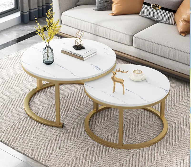 Most Popular Easy Assemble Bent Gold Black Marble Stone mdf Wood Round End Table Side Nest Set of 2 Nesting Coffee Table