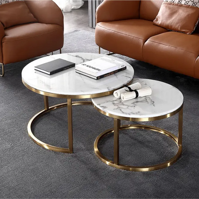 Most Popular Easy Assemble Bent Gold Black Marble Stone mdf Wood Round End Table Side Nest Set of 2 Nesting Coffee Table