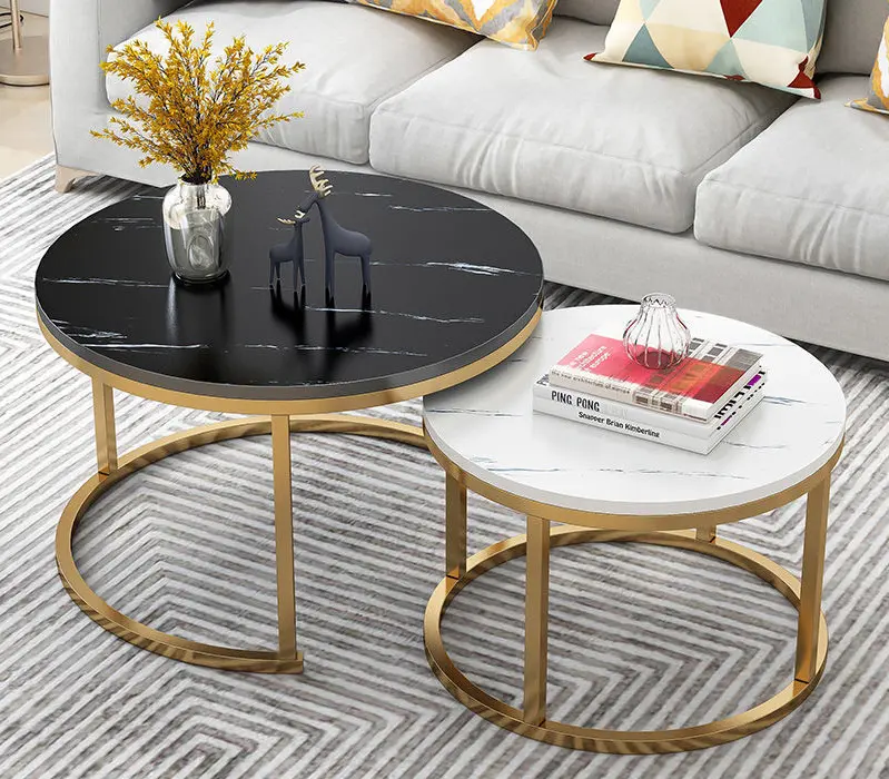 Most Popular Easy Assemble Bent Gold Black Marble Stone mdf Wood Round End Table Side Nest Set of 2 Nesting Coffee Table