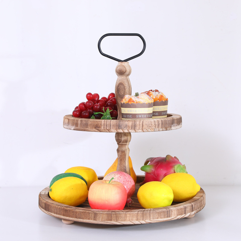 Vintage Rustic Farmhouse 2 Tier Serving Tray Stand Round Fruits Dessert Party wooden 2 Tiered Tray for Winter Christmas Decor