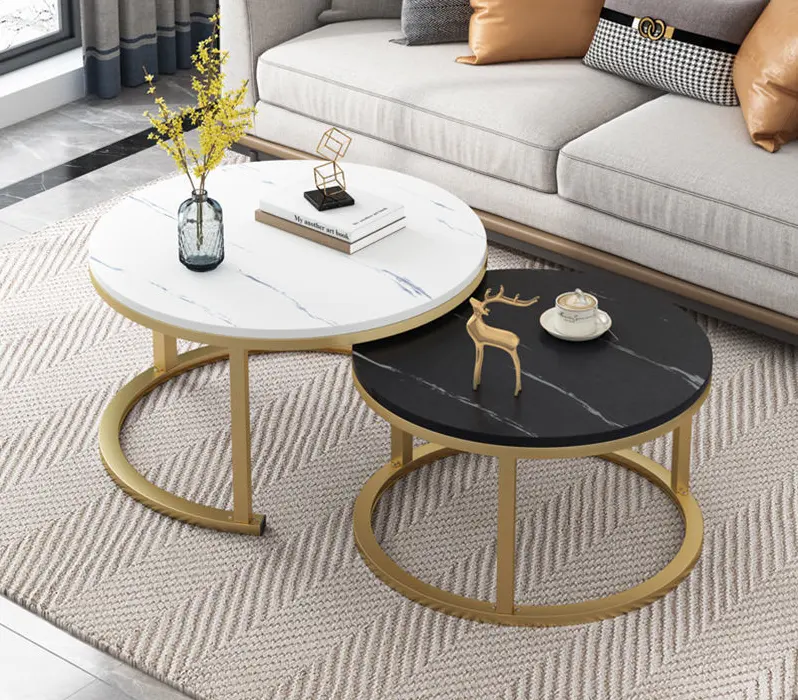 Most Popular Easy Assemble Bent Gold Black Marble Stone mdf Wood Round End Table Side Nest Set of 2 Nesting Coffee Table