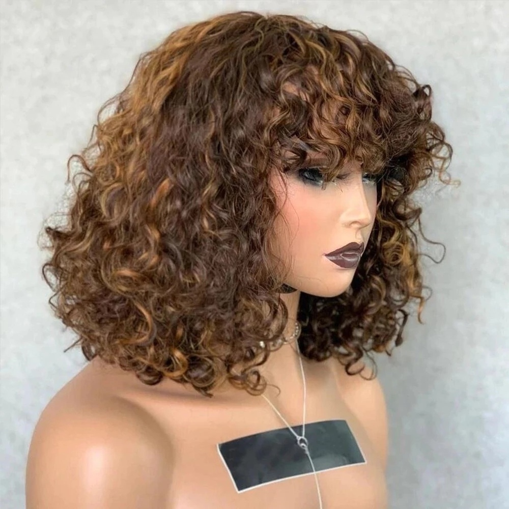 Highlight Lace Front Bob Wig with Bangs for Black Women Vietnam Hair Highlight Wig 13x6 Private Label Curly Wave Frontal Bob Wig