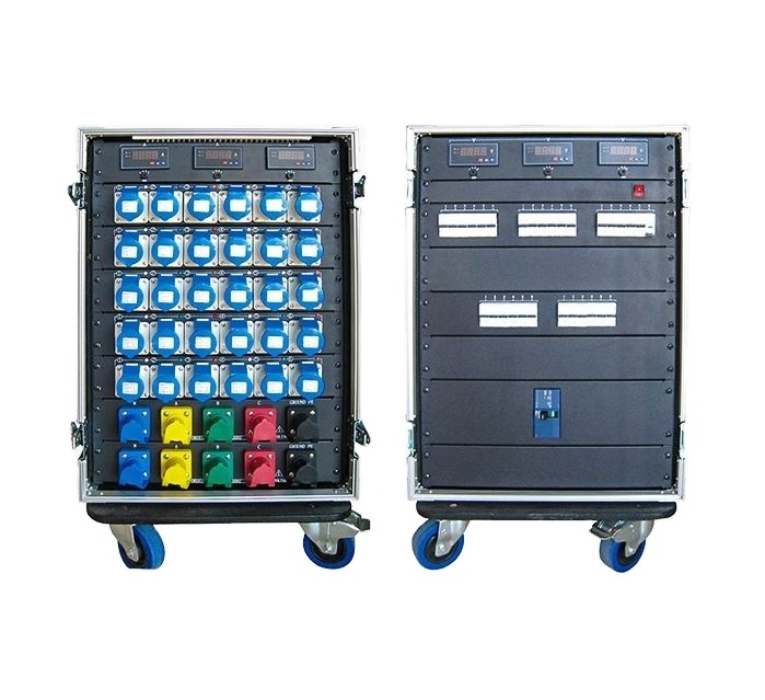 Outdoor use 30 channels power distribution box with 400 amp cam lock input & output and 16A 3pin Weipu Ceeform sockets