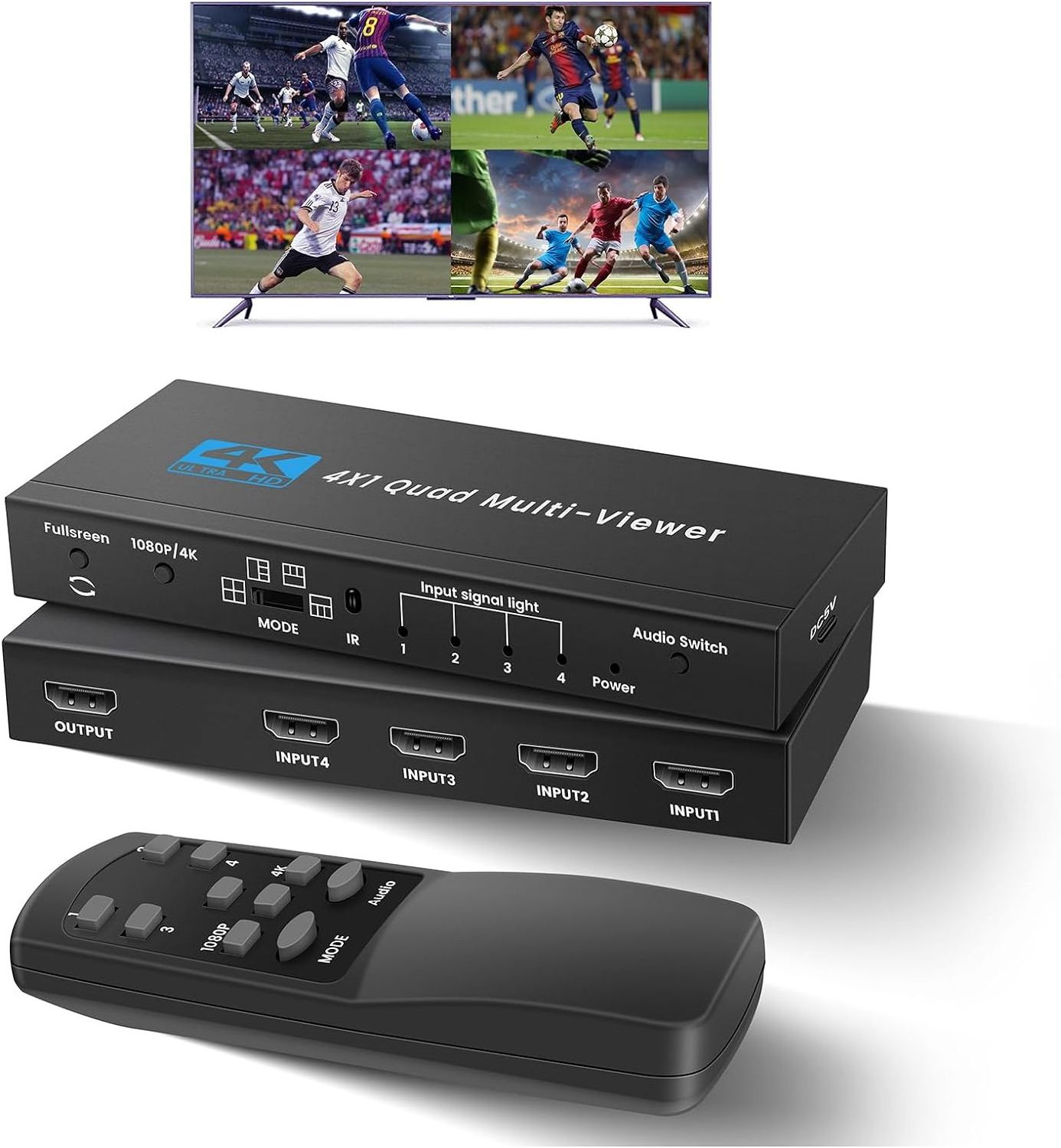 SY 4K HDMI Multiviewer 4x1 Quad Screen Real Time Multi Viewer 4 in 1 Seamless HDMI Switcher with Remote