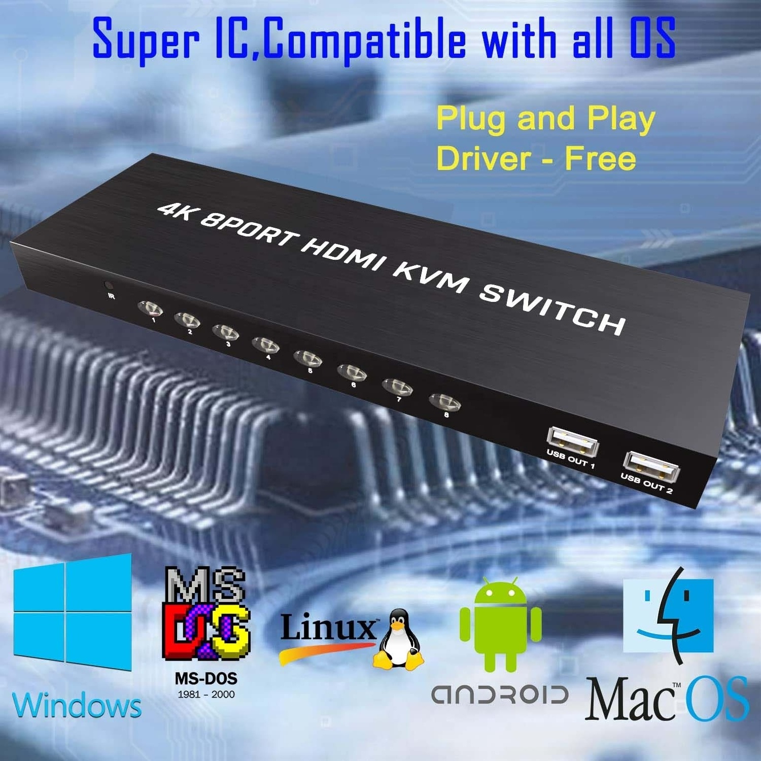 SYONG 8 Port KVM Switch HDMI 4K 30Hz , Video HDMI KVM Switcher Console 8 in 1 out + 8-Pack Cables