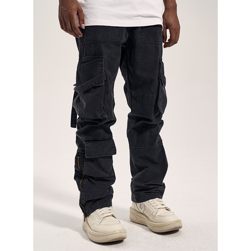 streetwear black denim men cargo pants styling multi pockets plus size stacked jeans