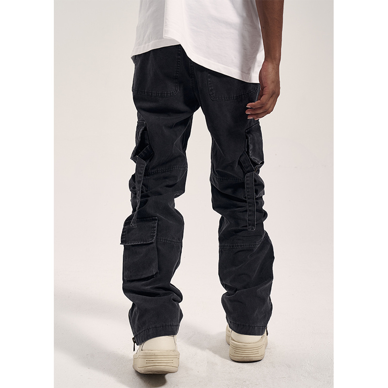 streetwear black denim men cargo pants styling multi pockets plus size stacked jeans