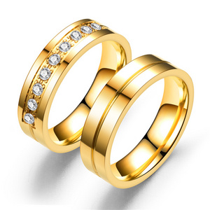 Stainless Steel Crystal Gold Plated Rings Women Men Rhinestone Wedding Rings For Couples Set And Engagement