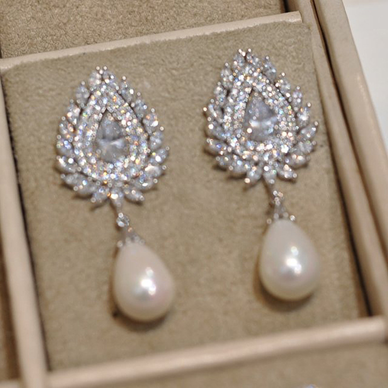 Platinum Plated Bridal Earrings Wedding Pearl Cubic Zirconia Eardrop Dangling Wedding Earrings For Brides