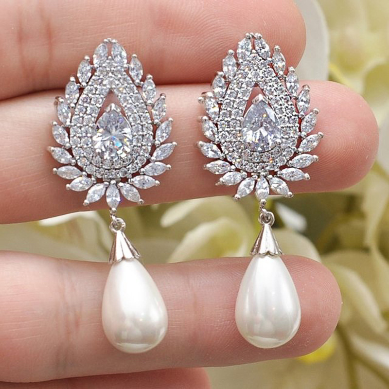 Platinum Plated Bridal Earrings Wedding Pearl Cubic Zirconia Eardrop Dangling Wedding Earrings For Brides