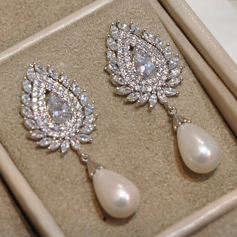 Platinum Plated Bridal Earrings Wedding Pearl Cubic Zirconia Eardrop Dangling Wedding Earrings For Brides