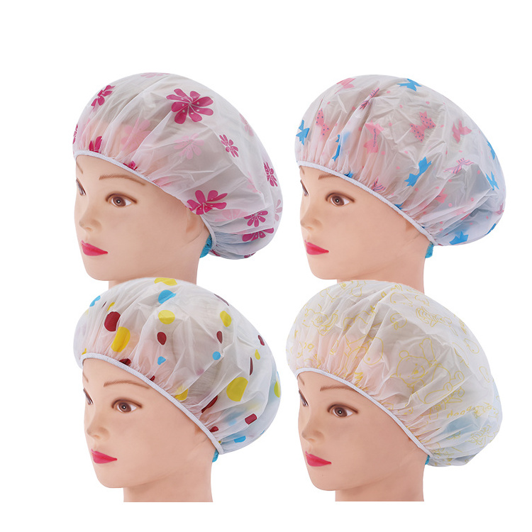 Disposable Anti-smoke hat cute flower waterproof Customized printed single layer reusable PEVA plastic  shower cover