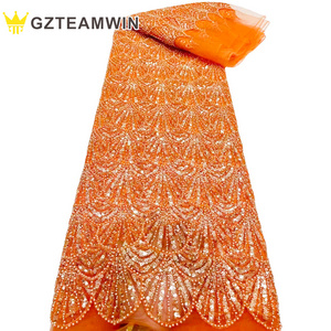 Luxury Lace Fabrics Nigerian African Wholesale Orange Sequin Embroidery Beads Lace Mesh Fabric Wedding For Dress