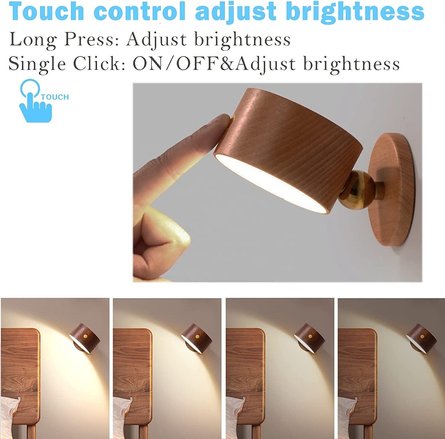 High Quality Smart Wooden Decorative Bedside Indoor lighting Rechargeable Led battery stick on wall sconce Lamp and Night Light