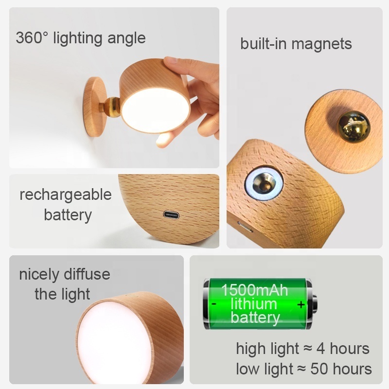 High Quality Smart Wooden Decorative Bedside Indoor lighting Rechargeable Led battery stick on wall sconce Lamp and Night Light