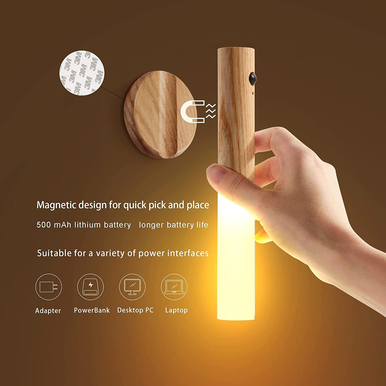 Wooden Intelligent Inductive PIR Wireless Magnetic Wall Lamp USB Rechargeable Motion Sensor Led Night lights