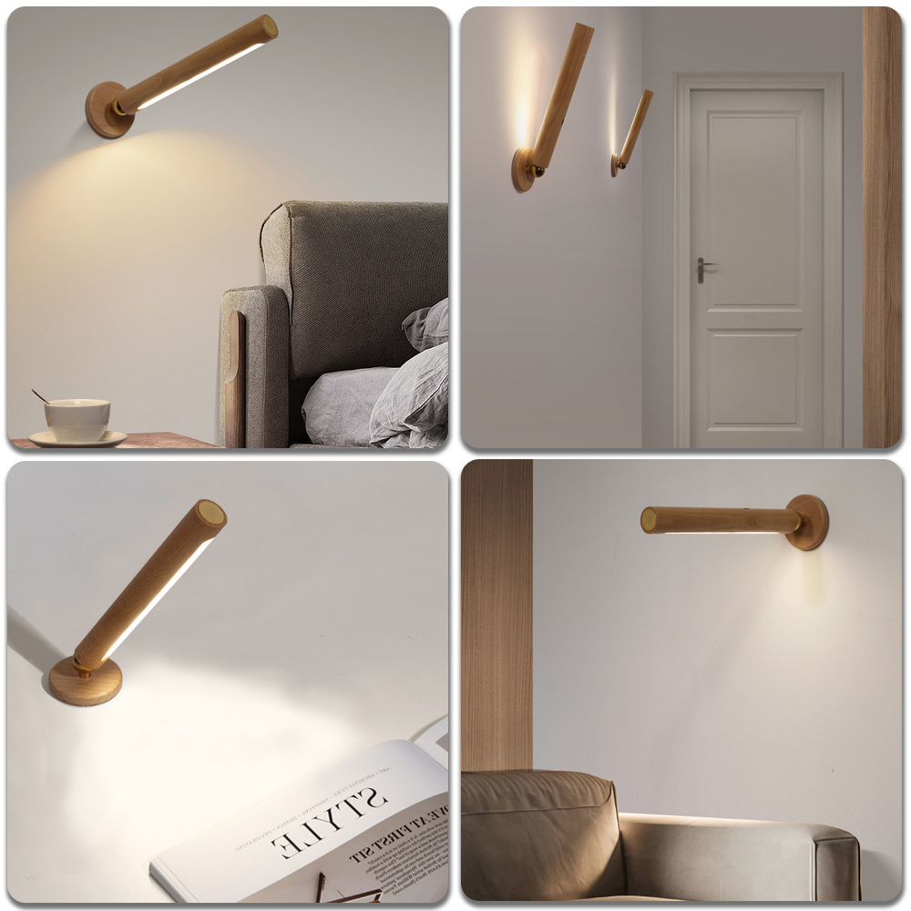 USB Charging Night Lights Wooden Magnetic 360 Degree Rotatable Reading Light LED Wall Sconces Rechargeable Lamps For Bedroom