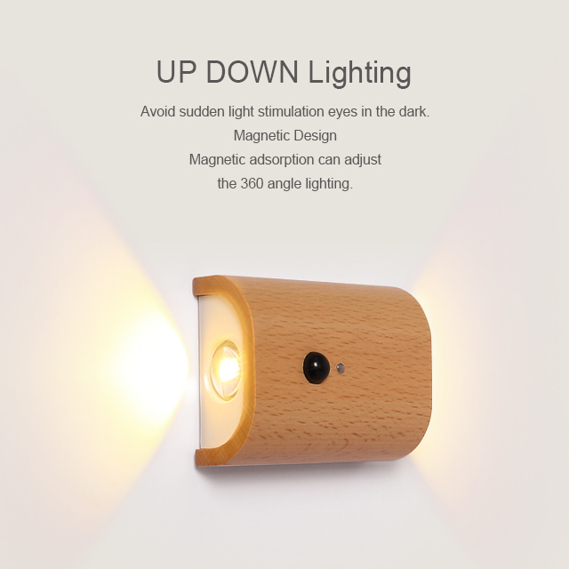 Portable Design Wood USB Charging LED PIR Motion Sensor+Photosensitive Mode Smart Wall Sconce for Corridor Staircase