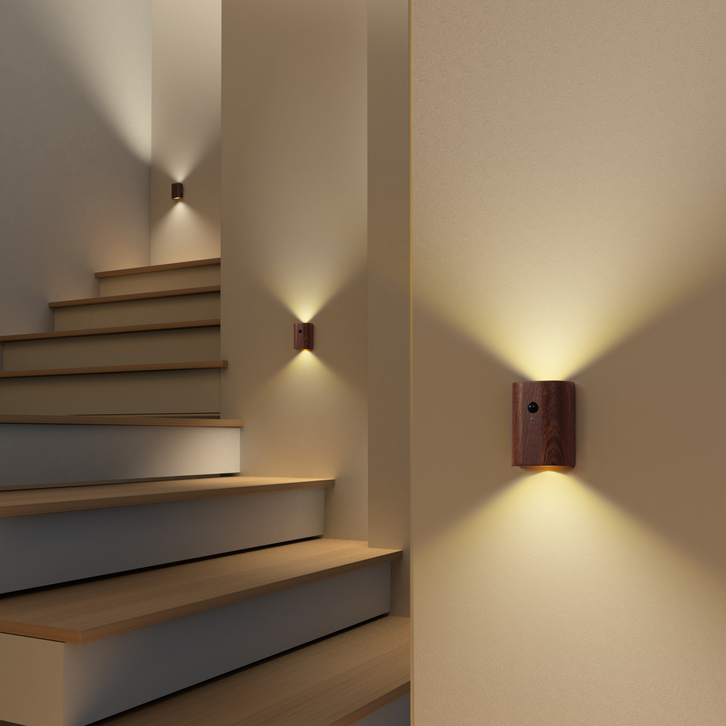 Portable Design Wood USB Charging LED PIR Motion Sensor+Photosensitive Mode Smart Wall Sconce for Corridor Staircase