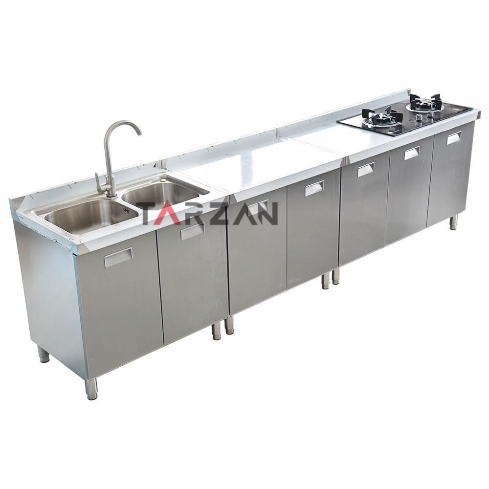 201/304 Stainless Steel Kitchen Sinks Commercial Kitchen Modern Cabinet with Sink & Tabletop & Stove 7 Doors Kitchen Cabinets