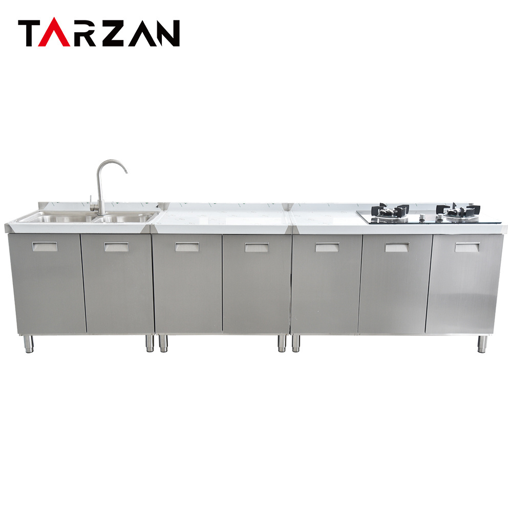 201/304 Stainless Steel Kitchen Sinks Commercial Kitchen Modern Cabinet with Sink & Tabletop & Stove 7 Doors Kitchen Cabinets