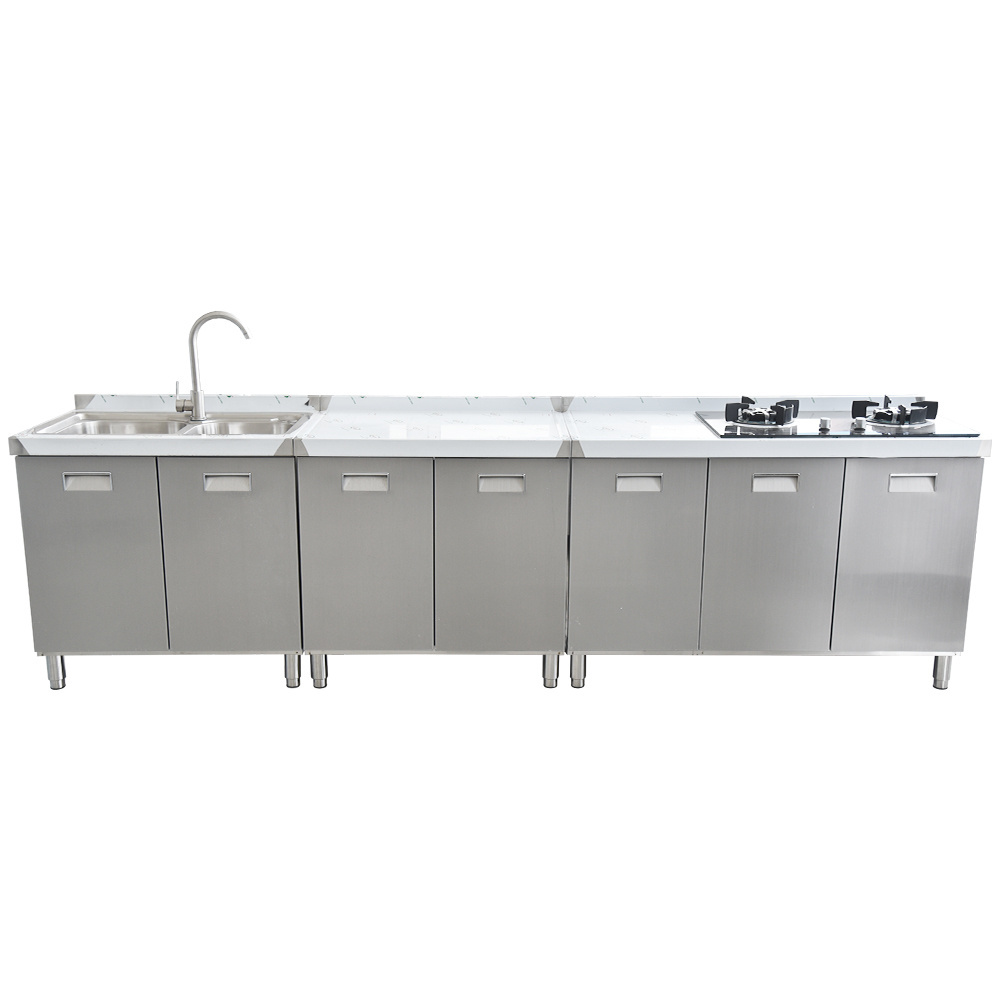 201/304 Stainless Steel Kitchen Sinks Commercial Kitchen Modern Cabinet with Sink & Tabletop & Stove 7 Doors Kitchen Cabinets