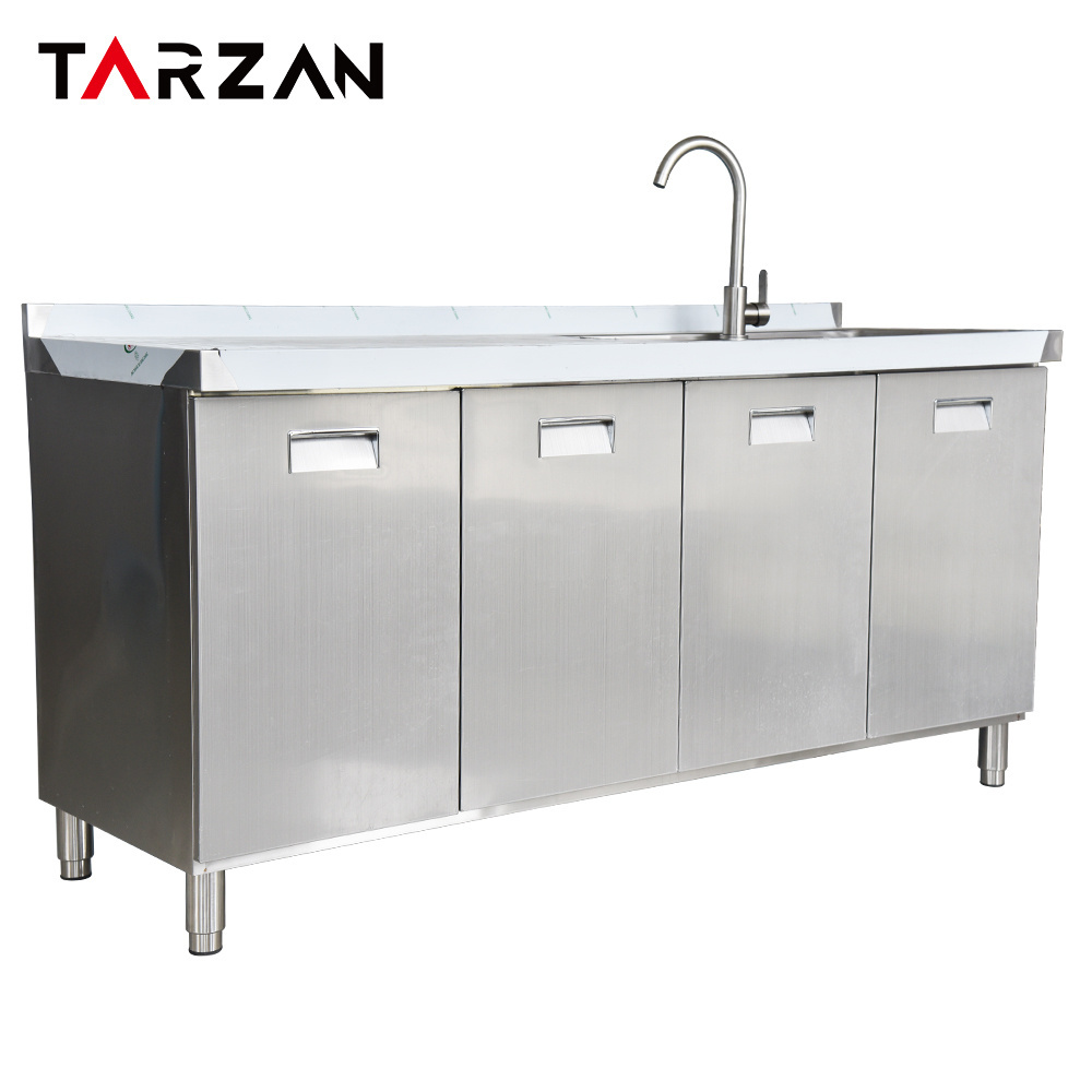 Strong Stainless Steel Kitchen Equipment Restaurant Kitchen Sinks With 4 Doors Large Space Cabinet