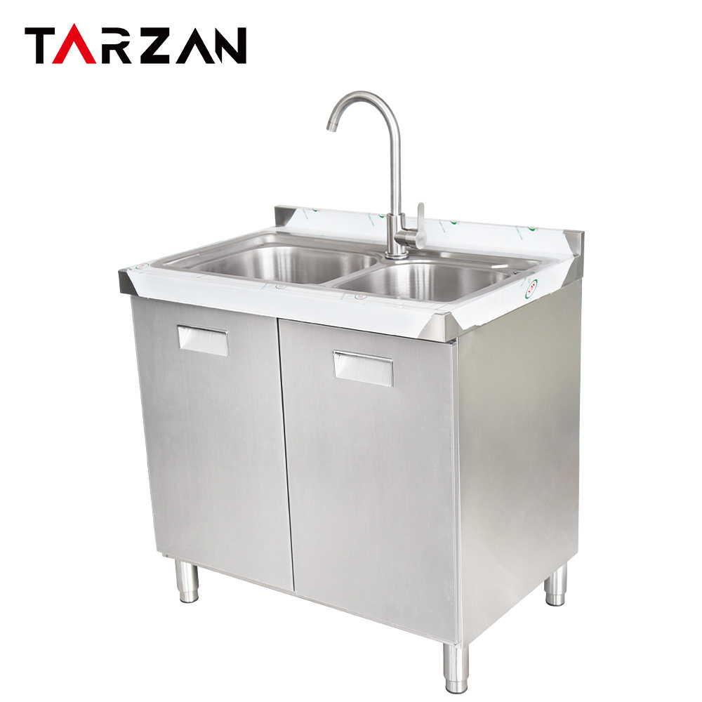 Strong Stainless Steel Kitchen Equipment Restaurant Kitchen Sinks With 4 Doors Large Space Cabinet