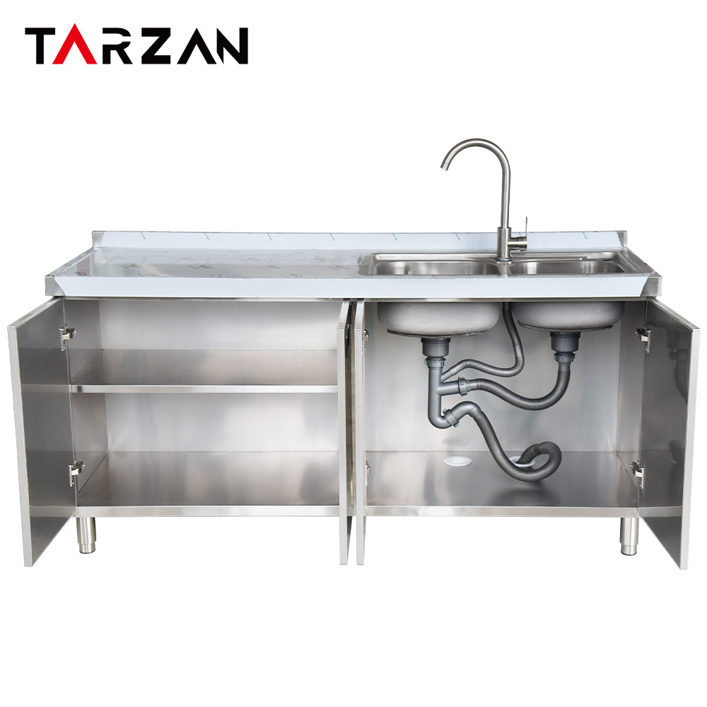 Strong Stainless Steel Kitchen Equipment Restaurant Kitchen Sinks With 4 Doors Large Space Cabinet