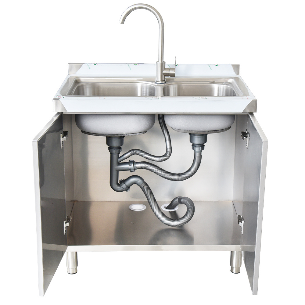 Sink Cabinets Wholesale Outdoor Deep Double Bowl Wash Basin Stainless Steel Farmhouse Kitchen Sink Storage Cabinets