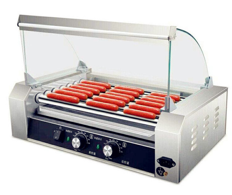 Commercial Hot Dog Steamer Electric 7 Roller Grill Hot Dog Warmer Cooker #304SS With Detachable 7mm Dustproof  Glass Cover