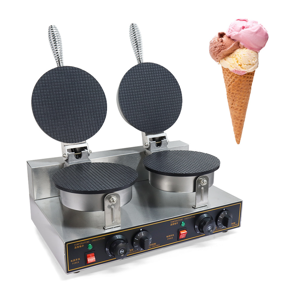 Commercial Cone Baker 2KW Electric Stainless Steel Non-stick Waffles Maker Double Head Egg Roll Mold Ice Cream Cone Maker