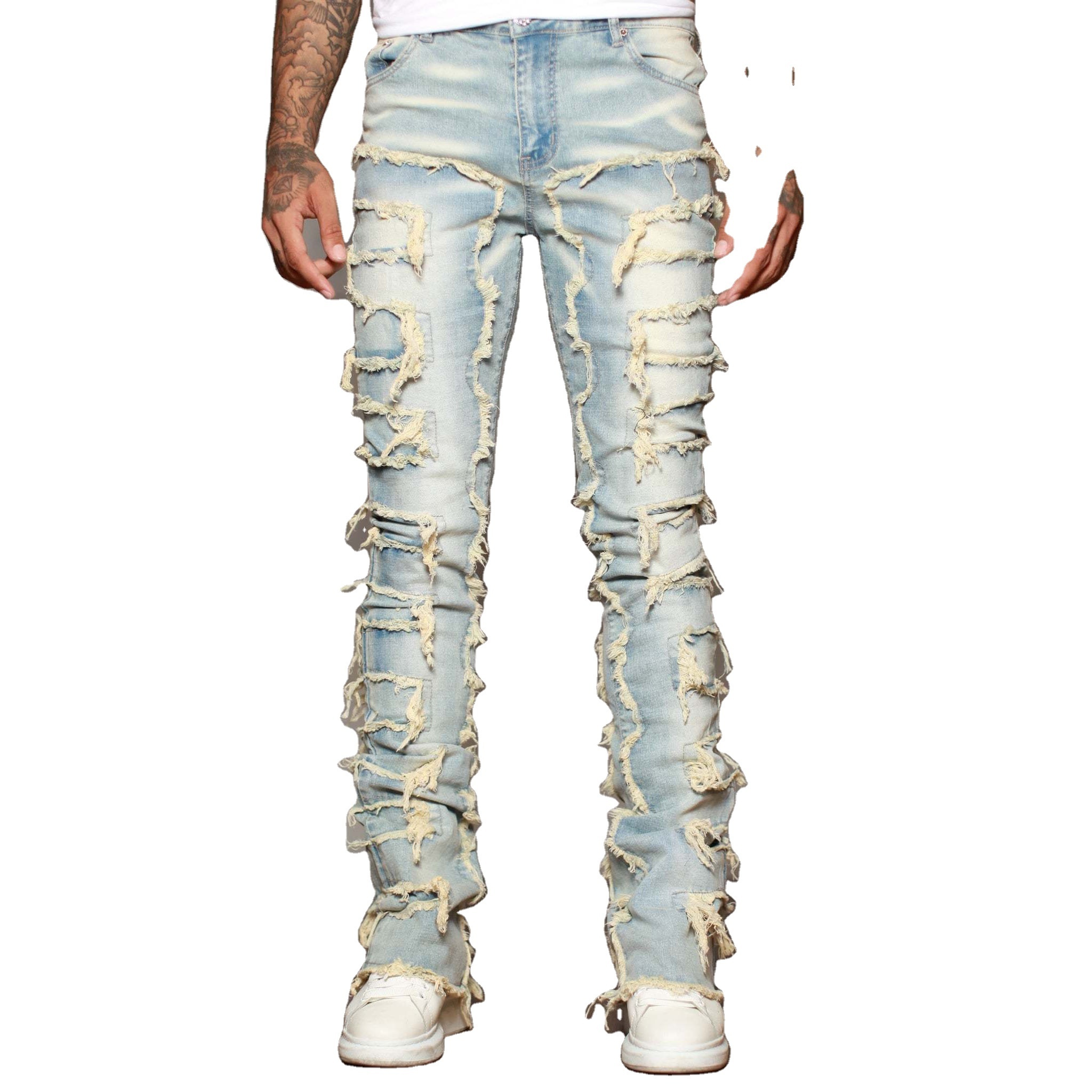 Wholesale Patchwork Distressed Denim Flared Stacked Jeans Men Frayed Jeans Men Stacked Pants