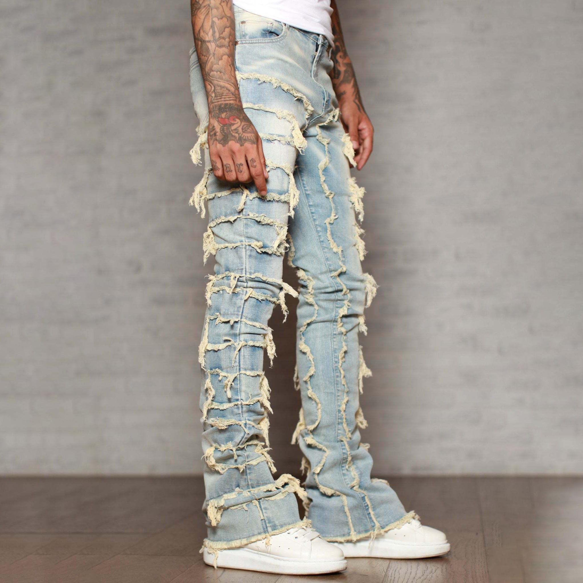 Wholesale Patchwork Distressed Denim Flared Stacked Jeans Men Frayed Jeans Men Stacked Pants