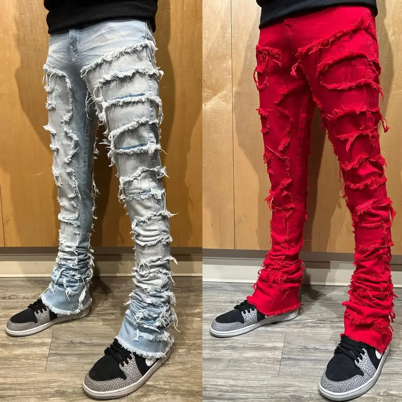 Wholesale Patchwork Distressed Denim Flared Stacked Jeans Men Frayed Jeans Men Stacked Pants