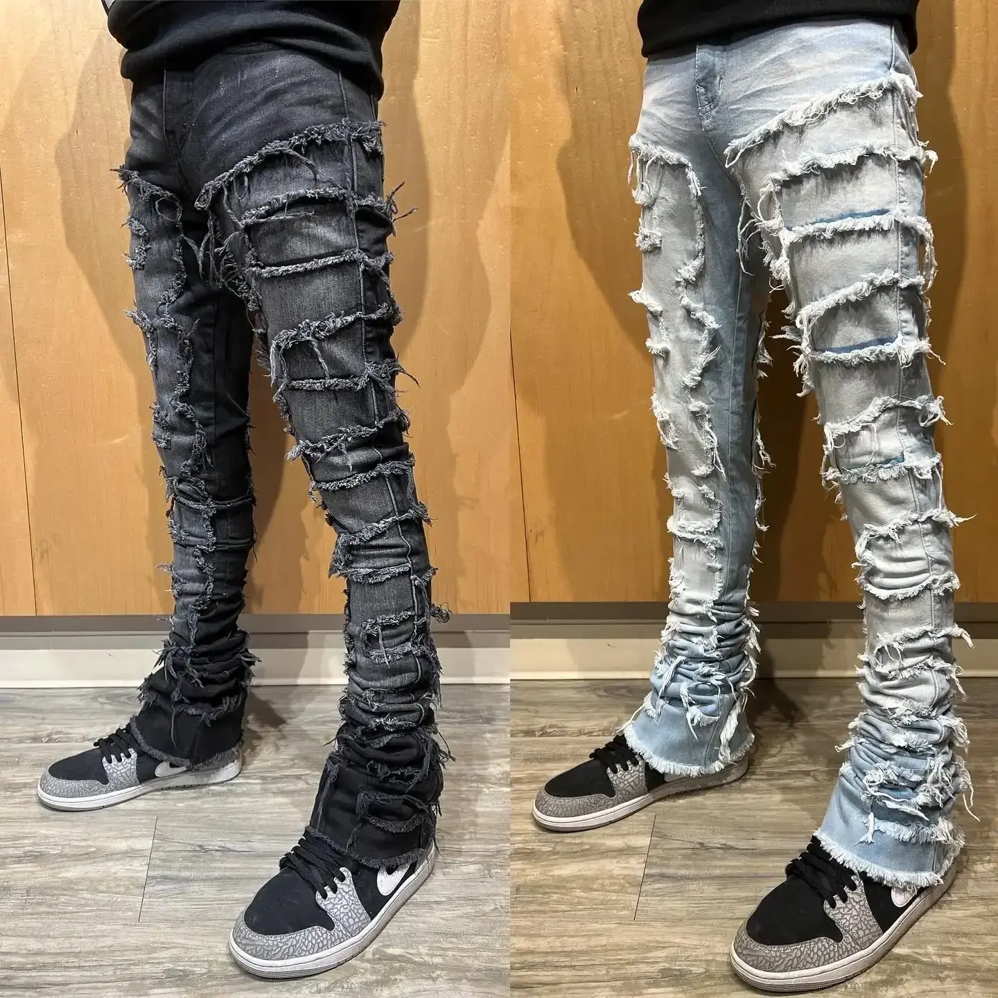 Wholesale Patchwork Distressed Denim Flared Stacked Jeans Men Frayed Jeans Men Stacked Pants