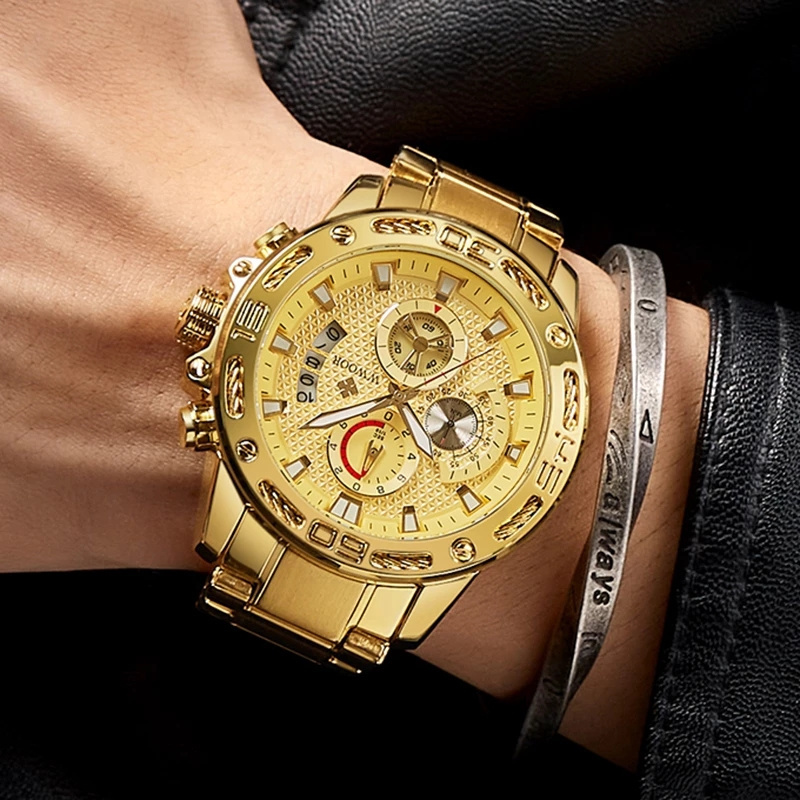 WWOOR 8879 Watch For Men Luxury Gold Stainless Steel Quartz Wrist watch Mens Waterproof Chronograph Man Watches relojes hombre