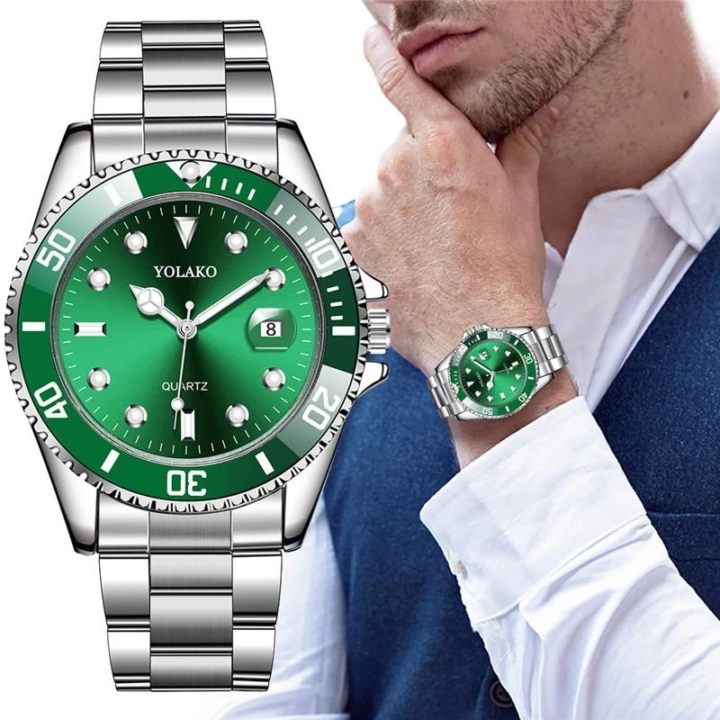 YOLAKO Watch 0343 New 2023 Luxury Fashion Green Men Watches Sport Watches Men Stainless Steel Date Quartz Wristwatch Clock Gift