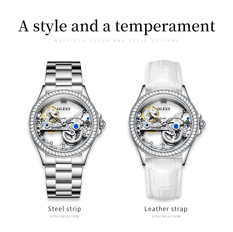 OLEVS 6699 New Automatic Mechanical Night Glow Waterproof Hollow out Watch Luxury Diamond Leather Elegant Women's Watch