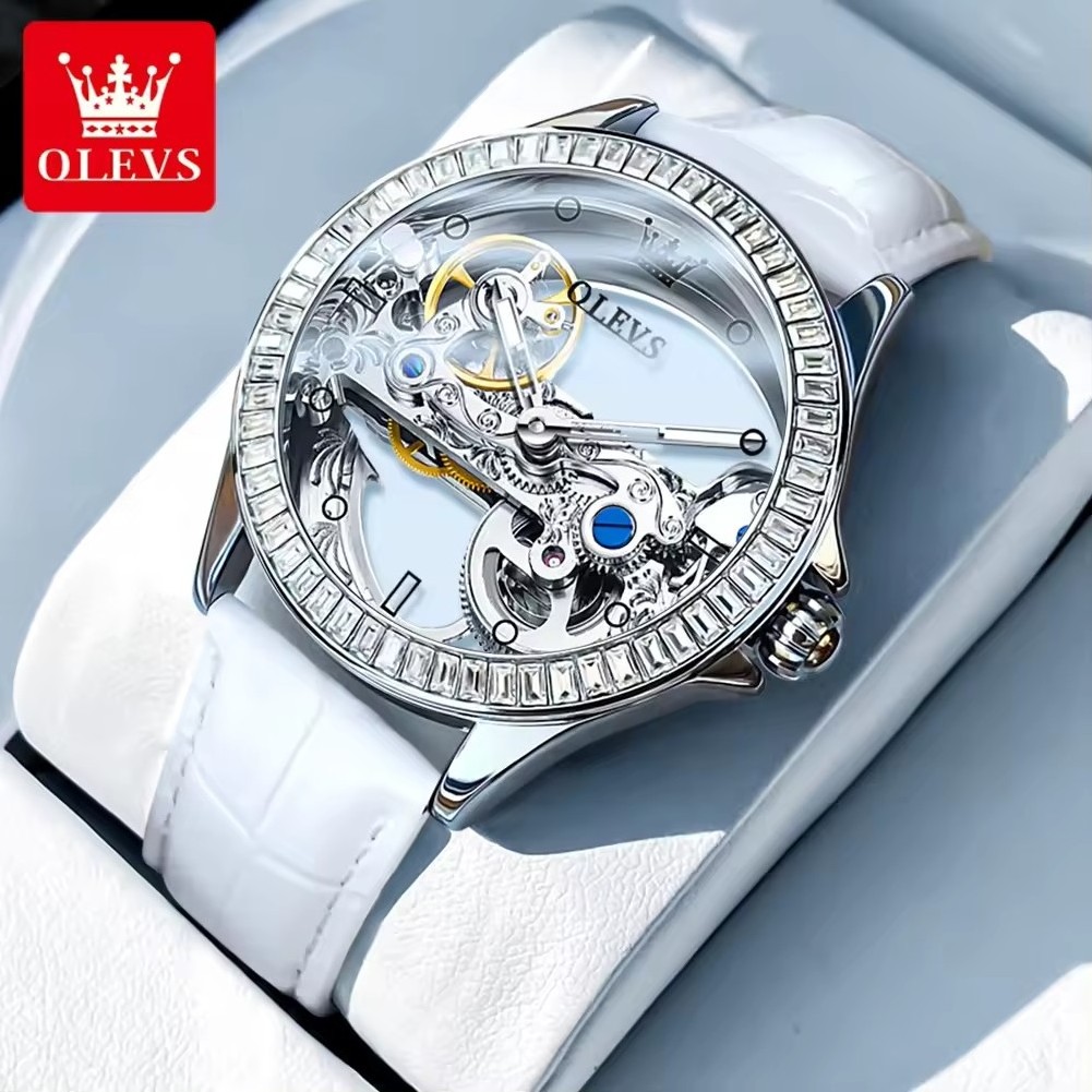 OLEVS 6699 New Automatic Mechanical Night Glow Waterproof Hollow out Watch Luxury Diamond Leather Elegant Women's Watch