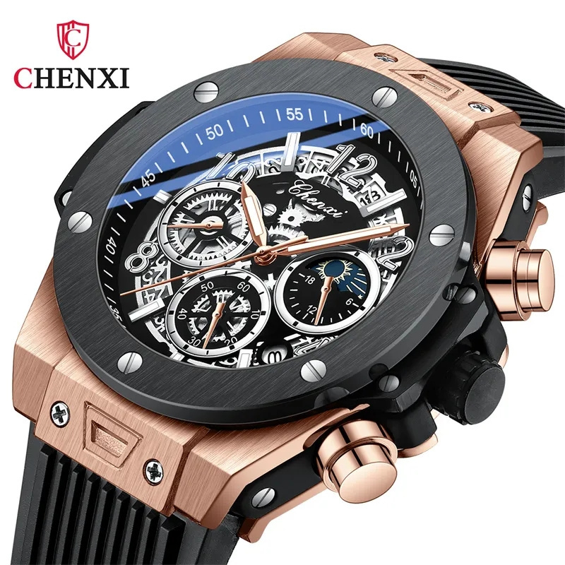 CHENXI 949 Fashion Multifunction Wristwatches Cool Men's Watch Geometric Rivet Design Moonlight Timing Luminous Quartz Watches M